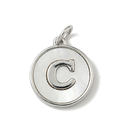 Brass Pave Natural Shell Flat Round with Letter Charms KK-Z115-13P-C-1