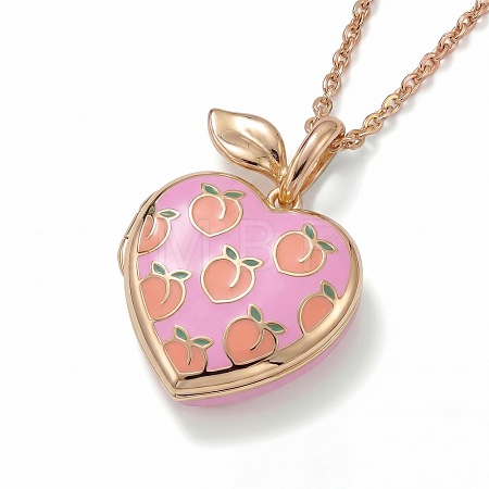 Brass Enamel Heart Peach Photo Locket Pendant Cable Chain Necklaces for Women WG4ED66-01-1