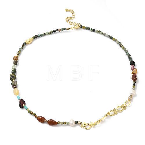 Natural Topaz Jade & Tourmaline Chips & Pearl Beaded Necklace NJEW-G099-03G-1