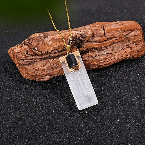 Natural Black Tourmaline & Selenite Rectangle Pendant Necklaces PW-WGF8248-02-1