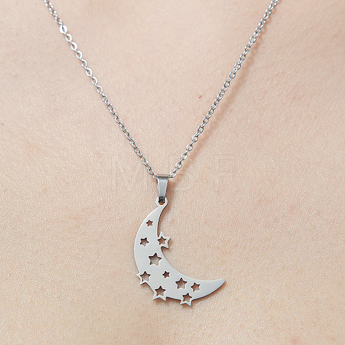 201 Stainless Steel Hollow Moon & Star Pendant Necklace NJEW-OY001-71-1