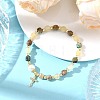 Brass Micro Pave Clear Cubic Zirconia Charm Natural Golden Silk Jade Round and Faceted Cube African Turquoise(Jasper) Beaded Stretch Bracelets for Women BJEW-JB14378-01-1