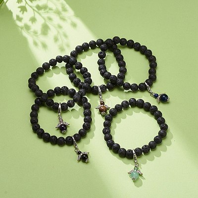 Natural Lava Rock & Gemstone Stretch Bracelet with Alloy Fairy Charms BJEW-JB08730-1