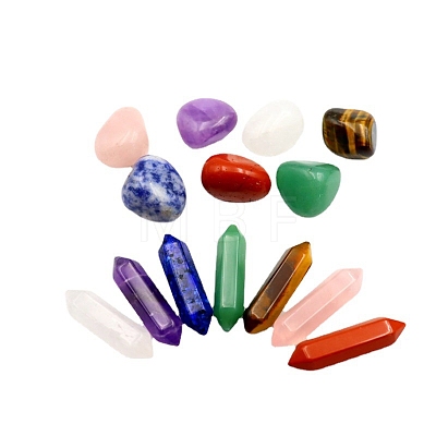 14Pcs Chakra Nuggets & Hexagonal Prism Mixed Natural Gemstone Healing Stones Set PW-WG49053-02-1