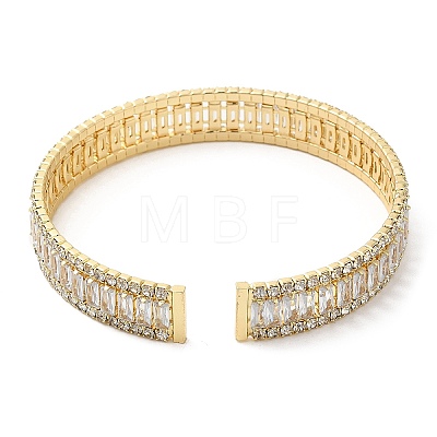 Rack Plating Brass Cubic Zirconia Rectangle Open Cuff Bangle for Women BJEW-M298-08G-1