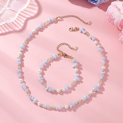 Natural Blue Lace Agate Chip & Dyed Natural Malaysia Jade & Synthetic Hematite & Shell Pearl Bead Necklace & Bracelets Sets SJEW-JS01377-1
