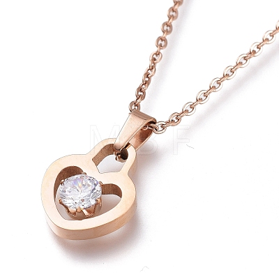 304 Stainless Steel Heart Padlock Pendant Necklaces NJEW-I240-14-1
