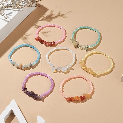 7Pcs 7 Style Natural & Synthetic Mixed Gemstone Chips & Glass Seed Beaded Stretch Bracelets Set for Women BJEW-JB09207-1