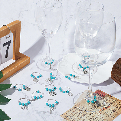 12Pcs 12 Style Synthetic Turquoise & Brass Beaded Wine Glass Charms AJEW-SC0002-20-1