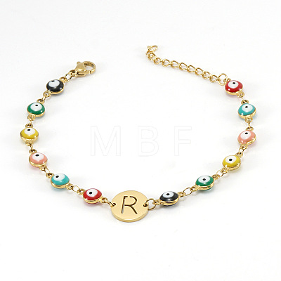 Colorful 304 Stainless Steel & Evil Eye Enamel Flat Round Link Bracelets FS-WGB13F5-18-1