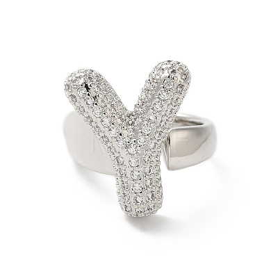 Letter Brass Micro Pave Clear Cubic Zirconia Open Cuff Ring for Women RJEW-N046-03Y-P-1