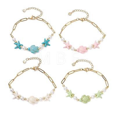 Synthetic Turquoise & Shell Pearl Beaded Link Bracelets BJEW-JB13807-1