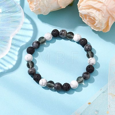 8.5mm Round Natural Larvikite & Howlite & Synthetic Smoky Quartz & Natural Lava Rock  Bead Stretch Bracelets for Women BJEW-JB10944-03-1