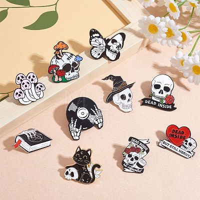 12Pcs 12 Style Skull & Rose & Heart & Mushroom & Butterfly Enamel Pin JEWB-SZ0001-80-1