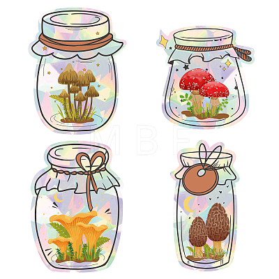 4Pcs 4 Styles Mushroom Theme PVC Colored Laser Stained Window Film Adhesive Static Stickers STIC-WH0008-001-1