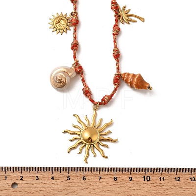 Summer Beach 304 Stainless Steel & Electroplated Natural Shell Pendant Adjustable Polyester Cord Necklaces for Women NJEW-F348-01D-G-1