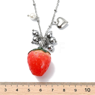 Shell Pearl & Resin Red Strawberry Pendant 304 Stainless Steel Satellite Chain Necklaces for Women NJEW-JN06118-1