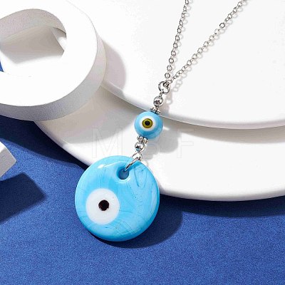 Light Sky Blue Glass Evil Eye Pendant Necklace with Alloy Cable Chains NJEW-JN04650-01-1