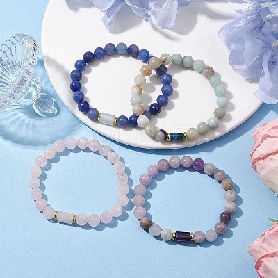 4Pcs 4 Styles 8mm Round Natural Rose Quartz & Blue Aventurine & Flower Amazonite & Amethyst Beaded Stretch Bracelets BJEW-TA00508-1