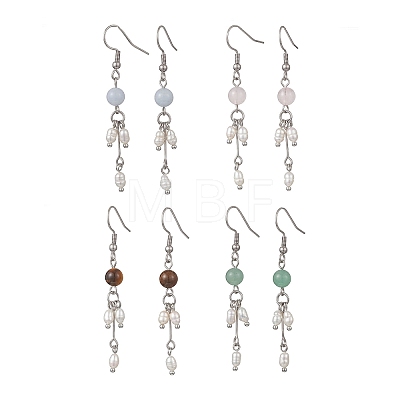 Round Natural Mixed Stone & Natural Pearl Bead Tassel Dangle Earrings EJEW-JE06936-1