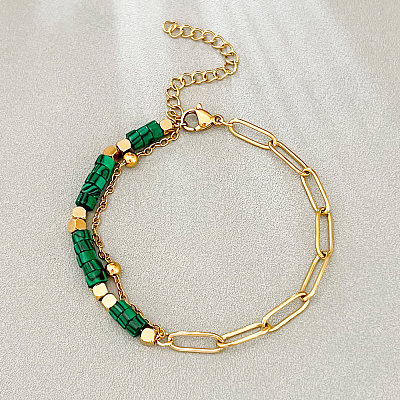 Bohemian Synthetic Malachite Heishi Beads Bracelets with 304 Stainless Steel Paperclip Chains WGD41F4-03-1