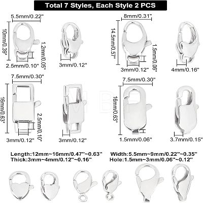 Unicraftale 14Pcs 7 Style Polished 316 Surgical Stainless Steel Lobster Claw Clasps STAS-UN0023-46-1