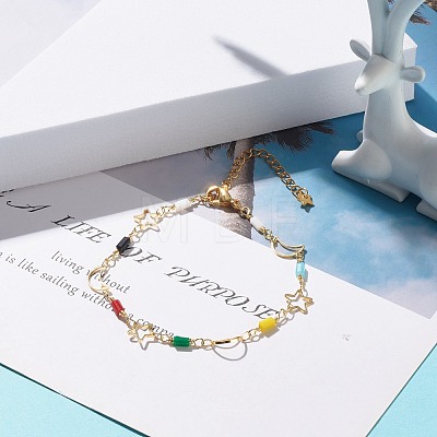 Brass Moon & Star Link Chain Bracelet with Glass Beads for Women BJEW-JB07799-1