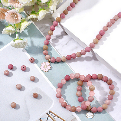 2 Strands Frosted Natural Rhodonite Round Bead Strands G-NB0003-47-1