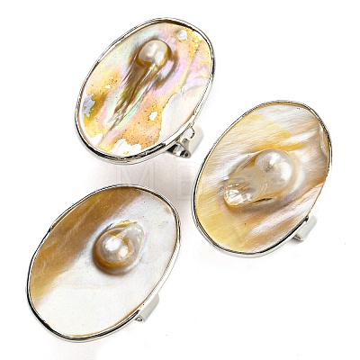 Freshwater Shell with Pearl Adjustable Finger Rings for Girl Women AJEW-Z010-03-1