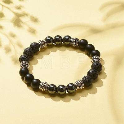 Natural Lava Rock & Synthetic Black Stone & Hematite Stretch Bracelet BJEW-JB08169-1