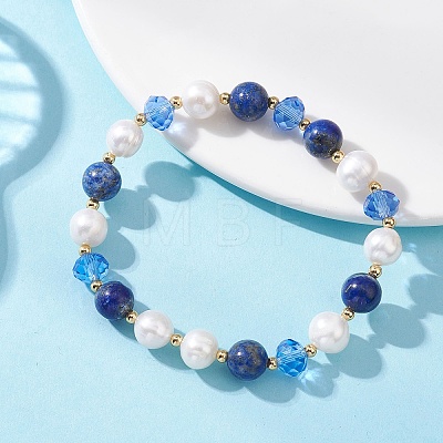 Natural Lapis Lazuli & Cultured Freshwater Pearl Beads Stretch Bracelets BJEW-JB12856-01-1