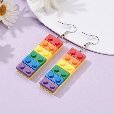Toy Bricks Style Rainbow Opaque Acrylic Dangle Earring EJEW-JE04543-1