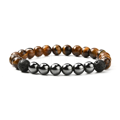 Natural Tiger Eye & Lava Rock & Synthetic Hematitie Beads Stretch Bracelet Set BJEW-JB07030-1