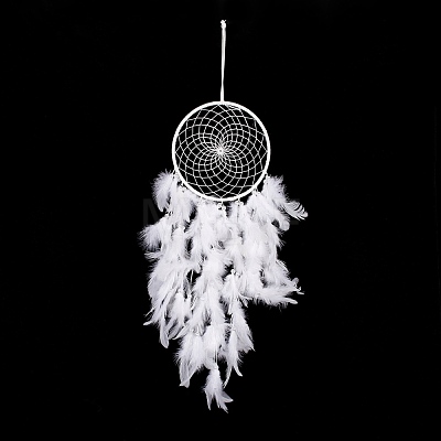 Handmade Round Leather Woven Net/Web with Feather Wall Hanging Decoration HJEW-G015-07-1