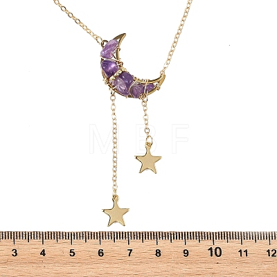Natural Amethyst Chip Beads Moon Pendant Brass Cable Chain Necklaces for Women NJEW-TA00257-01-1