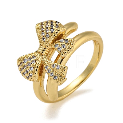 Bowknot Brass Micro Pave Clear Cubic Zirconia Double Rings RJEW-Z050-25G-1