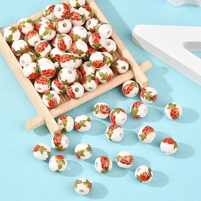 Floral Printed Porcelain Beads PORC-Q199-10mm-15-1