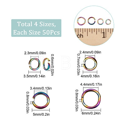 200Pcs 4 Styles Rainbow Color Stainless Steel Open Jump Rings STAS-SC0003-96-1