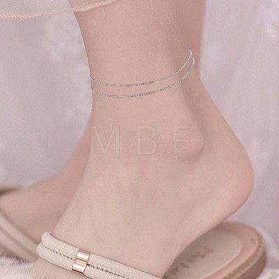 Rhodium Plated 925 Sterling Silver Multi-strand Ball Chain Anklet with Tiny Oval Charm JA190A-1