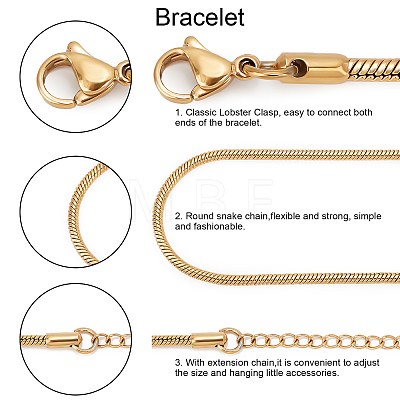 10Pcs 2 Colors 304 Stainless Steel Snake Chain Bracelets BJEW-AR0001-02-1