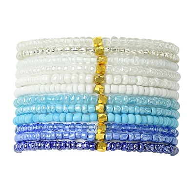 Blue Color Palette Glass Seed Beaded Stretch Bracelet Sets BJEW-MZ00101-1