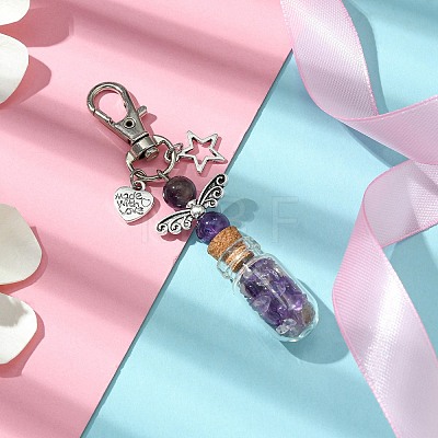 Glass Wishing Bottle with Natural Amethyst inside Pendant Decorations HJEW-JM01741-05-1