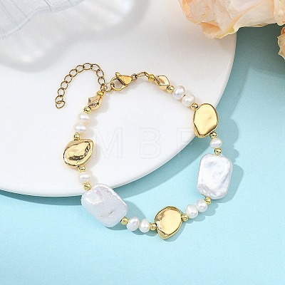 Natural Baroque Pearl Keshi Pearl & Brass Beaded Bracelets for Women BJEW-JB13799-1