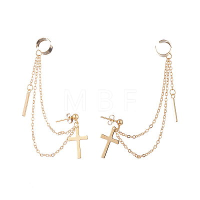 Brass Hanging Chain Dangle Stud Earrings with Ear Cuff EJEW-TA00148-1