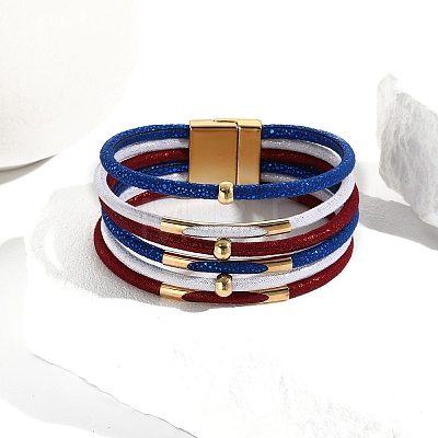 USA Flag Style Red Blue White Imitation Leather Cord Bracelets PW-WGCD218-01-1