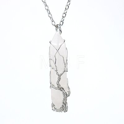 Natural Quartz Crystal Double Terminal Pointed Faceted Bullet Copper Wire Wrapped Tree of Life Pendant Alloy Chain Necklaces FS-WG07FDC-11-1