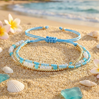 Beachy Style Brass & Glass & Seed Beaded Multi-Layer Bracelets BK3958-1-1