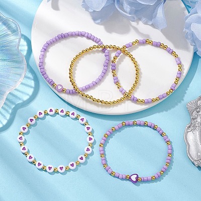 5Pcs 5 Styles Heart Acrylic & Glass Seed Beaded Stretch Bracelet Sets BJEW-JB10473-01-1