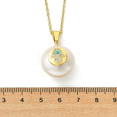 Natural Cultured Freshwater Pearl Coin with Hamsa Hand Pendant 304 Stainless Steel Cable Chain Necklaces for Women NJEW-JN06119-1