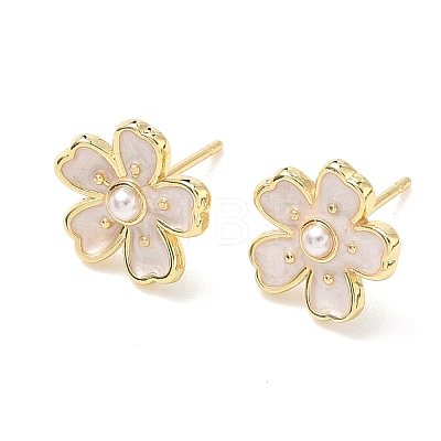 Flower Brass & ABS Plastic Pearl Stud Earrings EJEW-P336-07G-1
